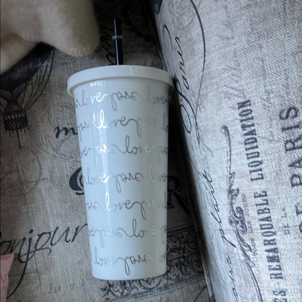 Kate Spade White Travel Tumbler with Gold Script